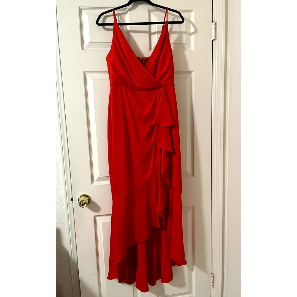BCBGMaxAzria Faux Wrap Ruched Ruffle Red Dress - Picture 2 of 5